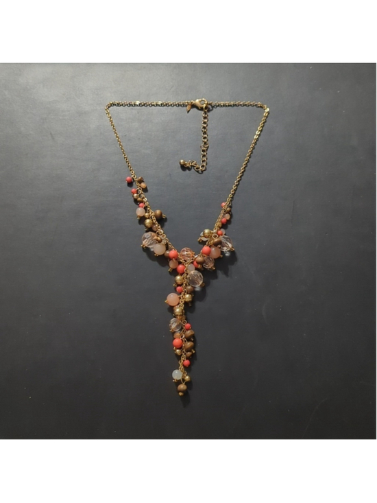 Avon Jewelry - Vintage Avon Gold Tone Brown Peach Orange Y Shape Dangle Statement Necklace
